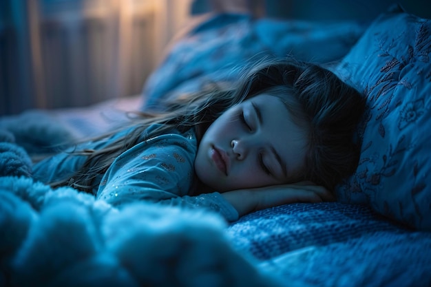 Biała nastoletnia dziewczyna śpiąca w łóżku w nocy białe dziecko sen higienę zdrowie
