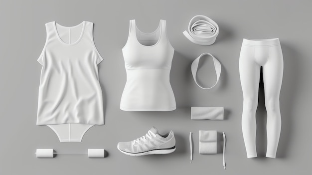 Zdjęcie biała odzież sportowa i akcesoria porządnie ułożone na stałym szarym tle
