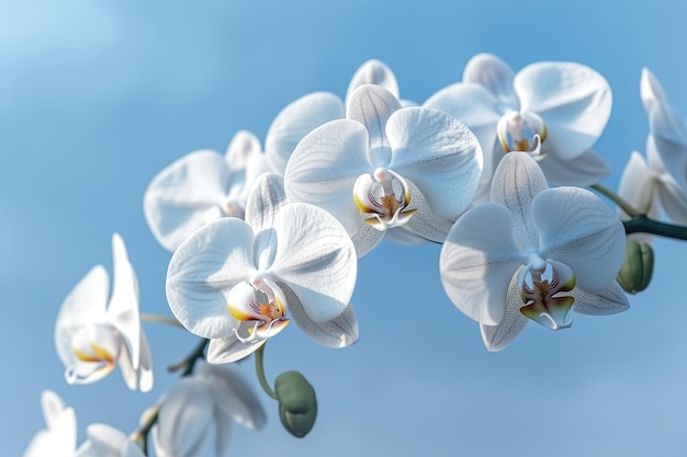 Biała orchidea phalaenopsis na niebieskim tle Generative AI