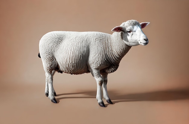 Biała owca podkreślona na beżowym tle stoi bocznie