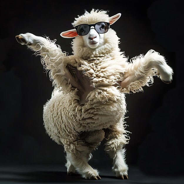 Biała owca w okularach przeciwsłonecznych tańczy na czarnym tle