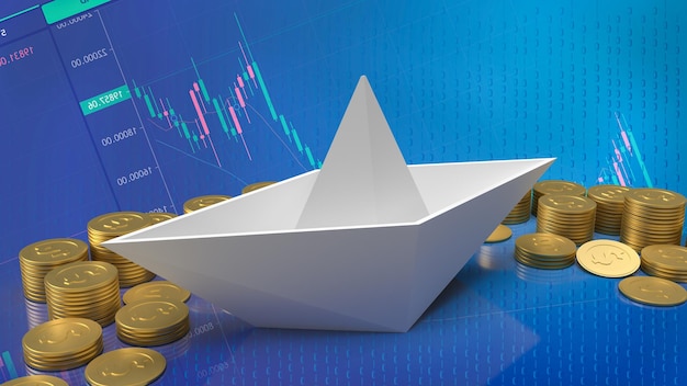 Biała papierowa łódź i złote monety do renderowania 3d koncepcji biznesowej