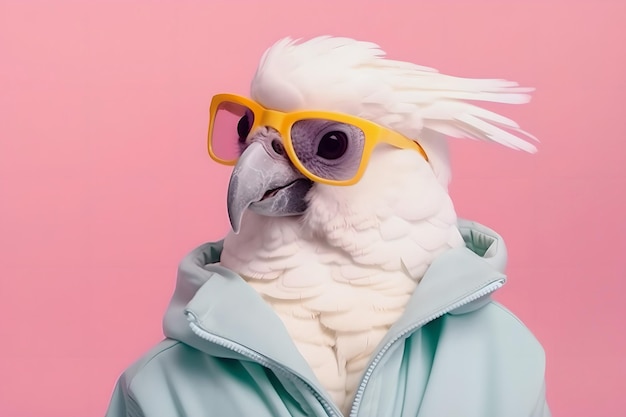 Biała Papuga-kakadu Nosząca Okulary I Niebieskie Ubrania Z Kapturem Na Różowym, Pastelowym Tle
