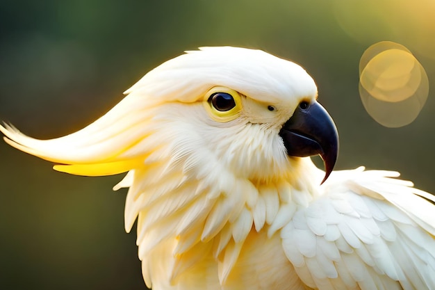 Biała papuga z żółtym dziobem i czarnym dziobem.