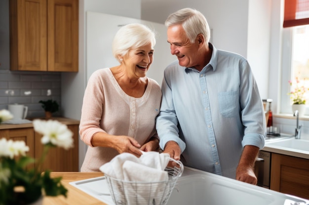 Biała para żonatych seniorów myje naczynia w kuchni.