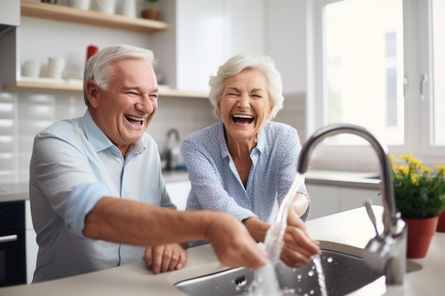 Biała para żonatych seniorów myje naczynia w kuchni.