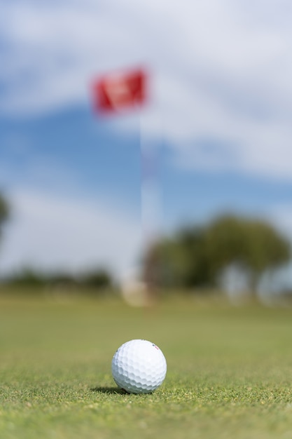 Biała piłka golfowa na polu golfowym