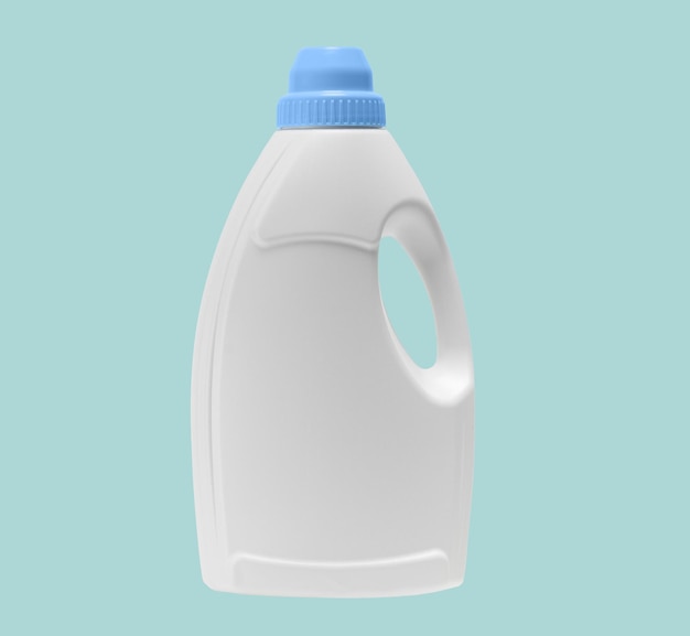 Biała plastikowa butelka z niebieską nakrętką na niebieskim tle dla płynnego detergentu