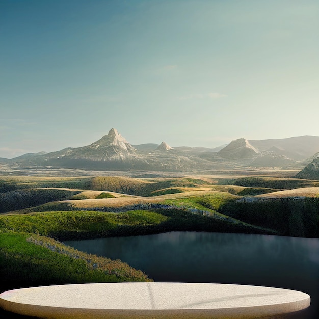 Biała platforma 3d ilustracja fantasy krajobraz z górami i błękitnym niebem na tle okrągłego kamiennego stołu na produkt kosmetyczny w stylu sztuki renesansu