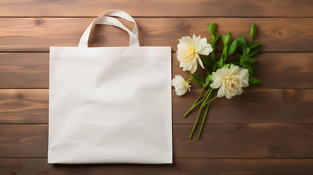 biała płócienna torba na zakupy na rogu jasnego drewna z kwiatami z miejsca na kopię