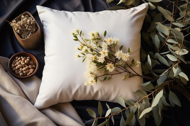 Biała poduszka na tle dekoracji Modelka poduszki Domowa przytulna dekoracja Gałęzie suszone kwiaty