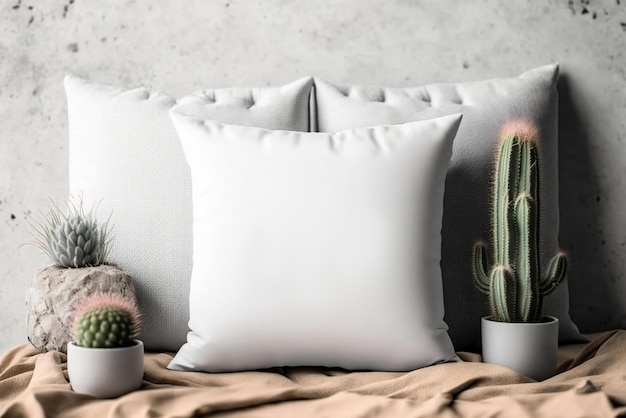 Biała poduszka z kaktusem obok dwóch innych poduszek.