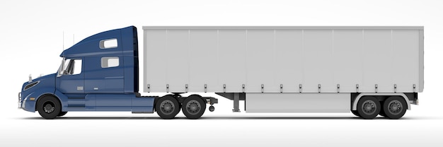 Zdjęcie biała półciężarówka z niebieską przyczepą z boku.