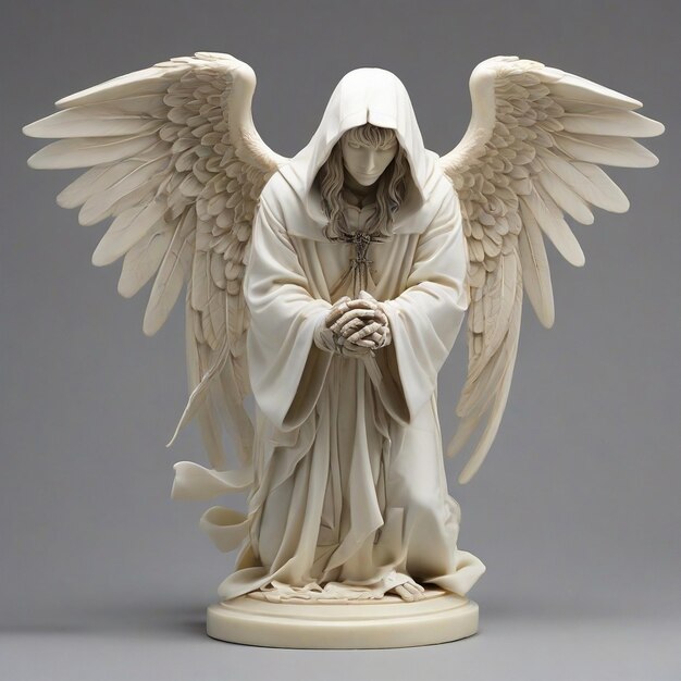 Zdjęcie biała postać anioła w kapturze na jednym kolanie z jedną ręką spoczywającą na palcach