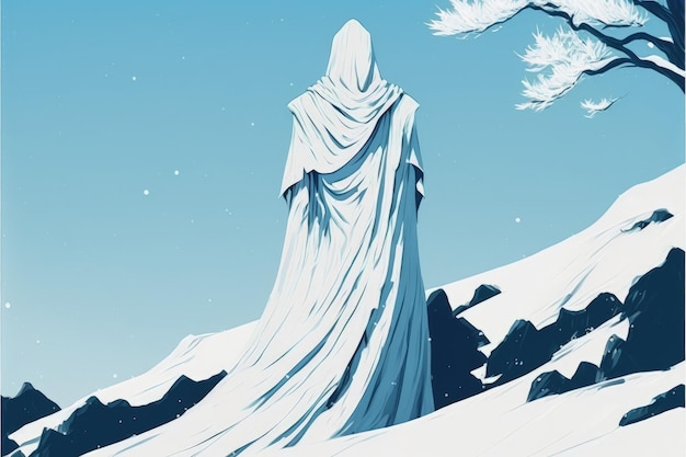 Biała postać w kapturze stoi pośród śnieżnego krajobrazu białych drzew Koncepcja fantasy Obraz ilustracyjny Generative AI