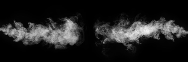 Biała pozioma kolekcja dymu na czarnym tle Zestaw mgły lub dymu na białym tle na czarnym tle Białe zachmurzenie mgła lub smog w tle
