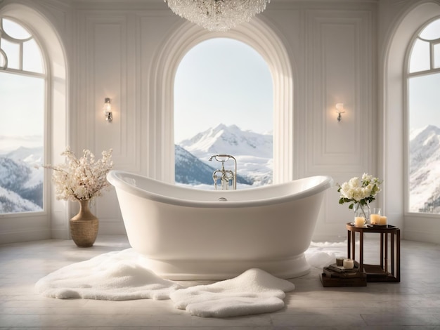 Biała przestronna łazienka z dużymi oknami i widokiem na ośnieżone góry Ozdobiona dużymi wazonami z kwiatami stół ze świecami i sztucznym śniegiem