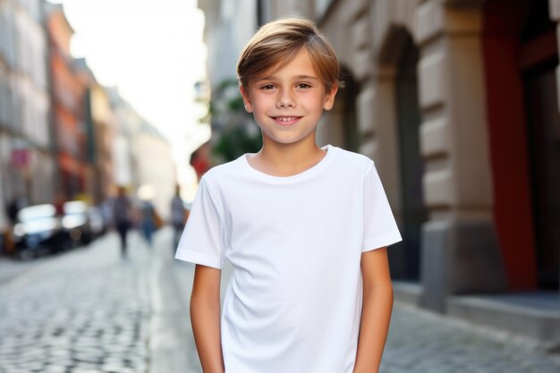 Zdjęcie biała, pusta koszulka. chłopiec na tle ulicy.
