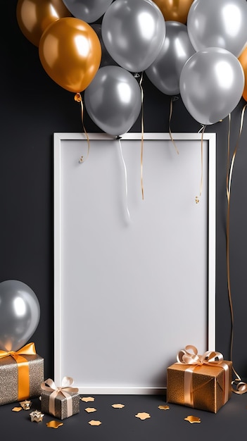 Zdjęcie biała, pusta makieta flanki z balonami i prezentami