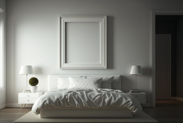 Biała pusta ramka w generatywnym ai sypialni