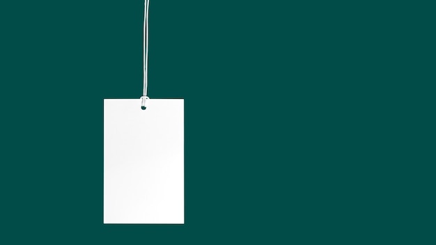 Biała pusta tabliczka cenowa odzieży lub makietka etykiety z sznurkami na zielonym tle Koncepcja zakupów