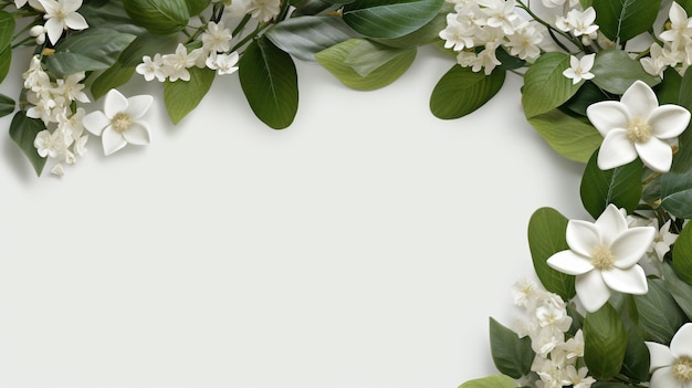 Biała ramka kwiatowa z zielonymi liśćmi i białymi kwiatami