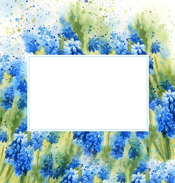 Biała ramka na tle akwarela z wiosennych niebieskich kwiatów ręcznie rysować ilustrację z hiacyntami
