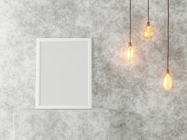 Biała ramka na tle betonowej ściany i zabytkowych lamp. Wnętrze w stylu loftu. Renderowanie 3D