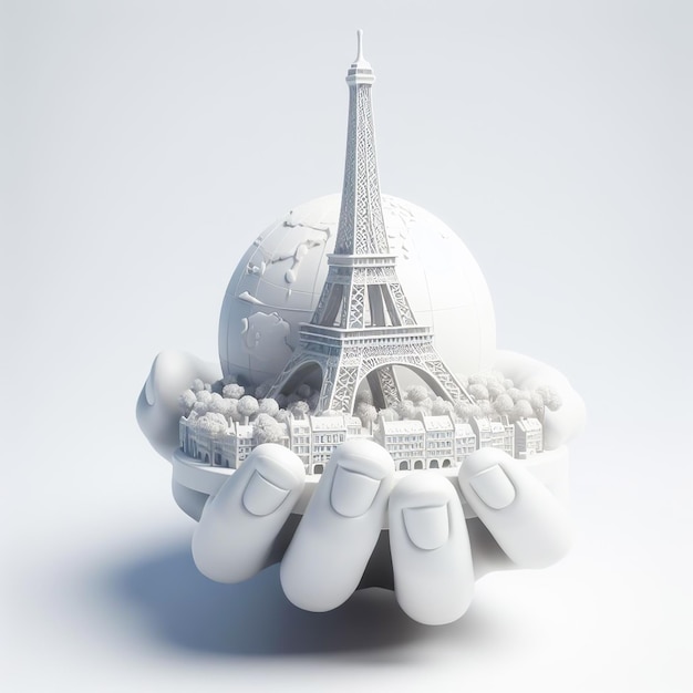 Biała ręka 3D trzymająca Wieżę Eiffla w Paryżu Zabytki historyczne wygenerowane przez sztuczną inteligencję