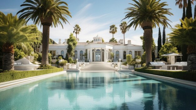 Biała rezydencja z palmami luksusowy ogród letni dzień