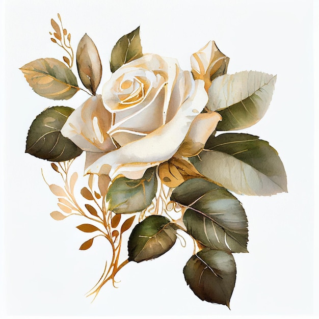 Biała róża z zielonymi liśćmi i białą różą na nim.