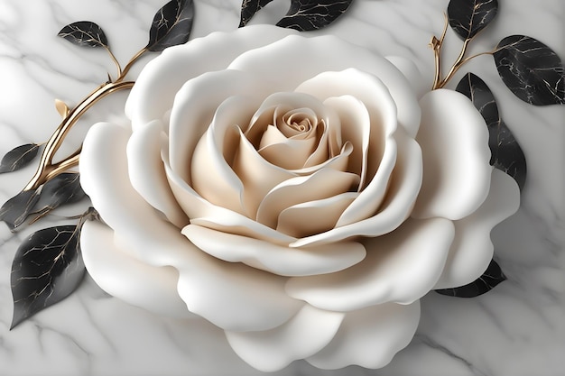 biała róża ze złotymi liśćmi i czarną gałązką.