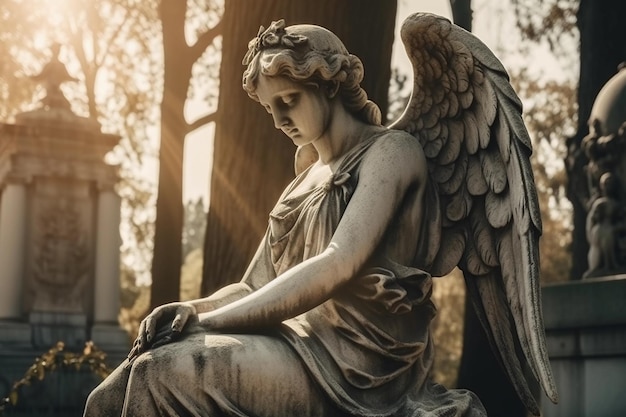 Biała rzeźba anioła na cmentarzu