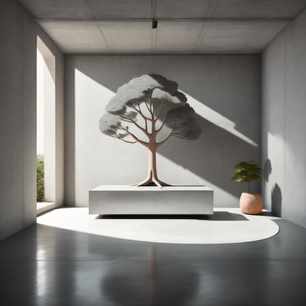Biała rzeźba przedstawiająca drzewo i roślinę doniczkową znajduje się w pokoju z białą ścianą za nią.