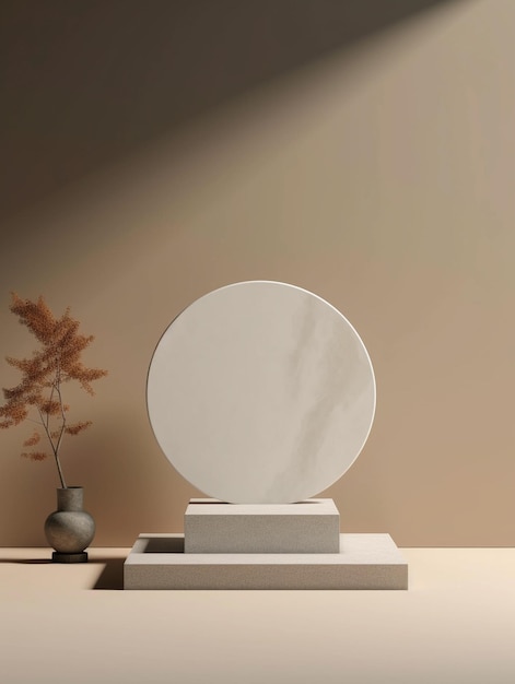 Biała rzeźba z małym wazonem i dużym okrągłym białym kółkiem