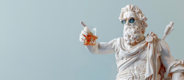 Zdjęcie biała rzeźba zeusa noszącego okulary przeciwsłoneczne z szklanką whisky w ręku na niebieskim tle