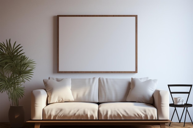 Biała ściana w salonie stanowi tło dla minimalistycznego modelu ramy