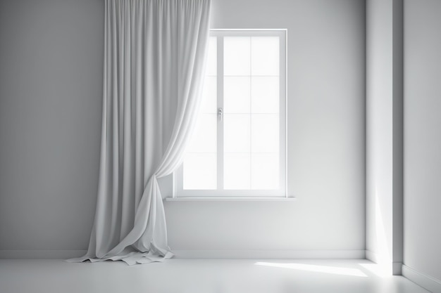 Biała ściana wewnętrzna z zasłonami i nowoczesnym salonem okiennym