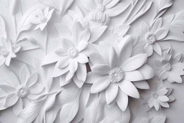 Biała ściana z kwiatami i liśćmi na nim