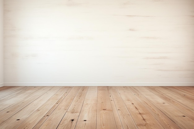 Biała ściana z tłem pomieszczenia z drewnianą podłogą i białą ścianą z kopią przestrzeni