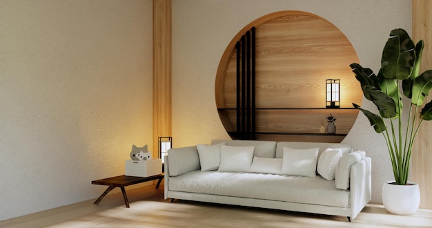Biała sofa japońska w pokoju japonia tropikalny desing i mata tatami floor3D rendering