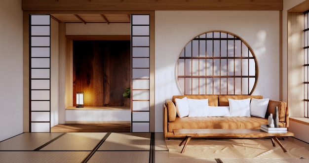 Biała Sofa Japońska W Pokoju Japonia Tropikalny Desing I Mata Tatami Floor3d Rendering