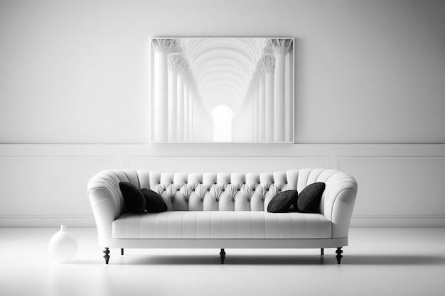 Biała sofa w białym pokoju o minimalistycznym nowoczesnym designie w białych odcieniach