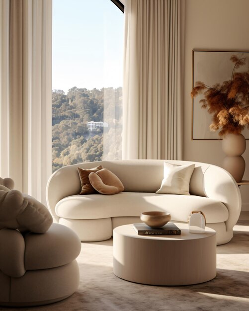Zdjęcie biała sofa w salonie ma biel w stylu organicznych biomorficznych form wewnętrznych wygenerowana przez ai sztuczna inteligencja generatywna ai wygenerowana generatywna sztuczna inteligencja