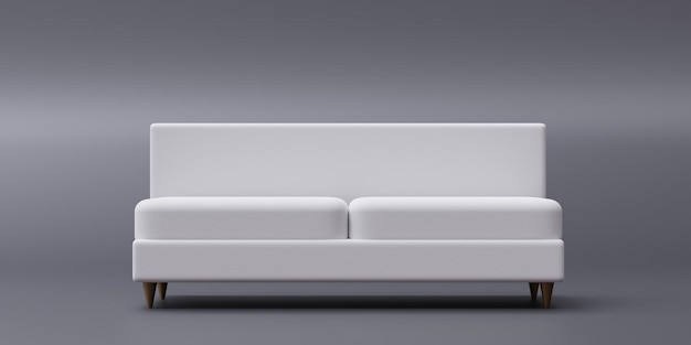 Biała sofa z podwójnym siedzeniem odizolowana na szarym tle Widok z przodu nowoczesnych przytulnych mebli renderowania 3d