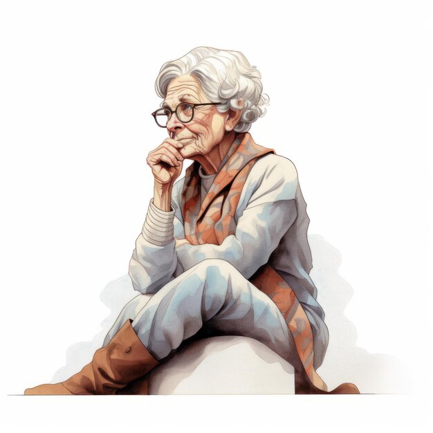 Biała stara kobieta myśląca i wątpiąca ilustracja akwarelowa Postać kobieca z marzoną twarzą na abstrakcyjnym tle Ai wygenerował plakat akwarelowy