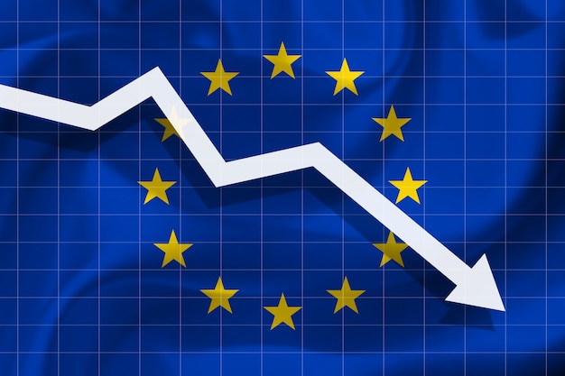 Biała strzałka spada na tle flagi Unii Europejskiej