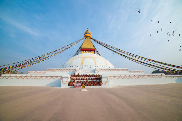 Biała stupa z błękitnym niebem i kilkoma ptakami w tle