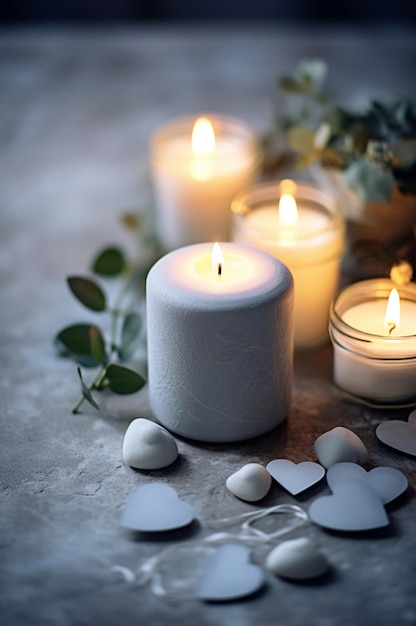 Biała świeca aromatyczna serce i kamyki na kamiennym tle Kartka powitalna na ślub lub uroczystość Generatywna sztuczna inteligencja