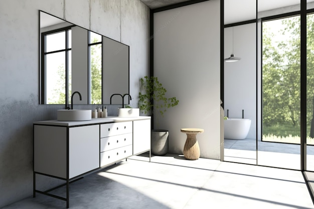 Biała szafka pod umywalkę znajduje się w pokoju z białymi ścianami, betonową podłogą, dużym lustrem ściennym i panoramicznym oknem z bliska